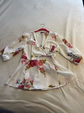 City Chic White Floral Wrap Top with Pink Roses and Mustard Leaves